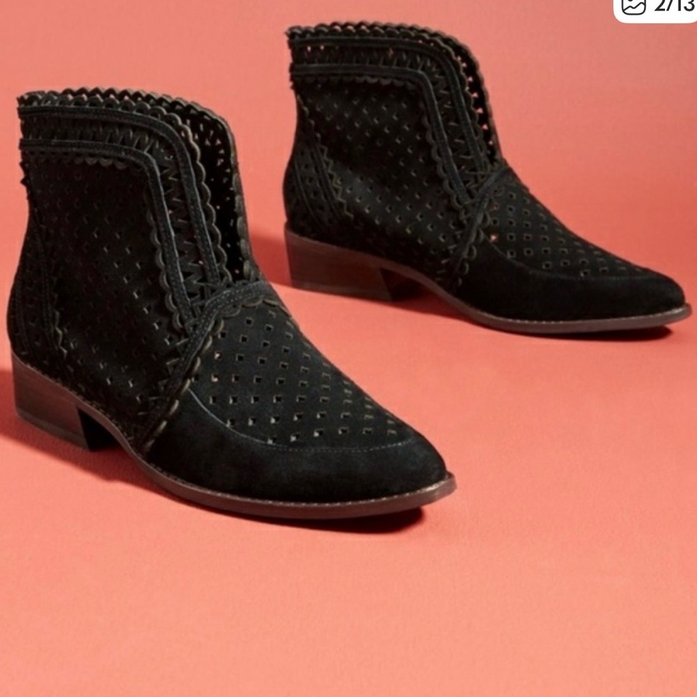 Anthropologie Cecelia New York Black Suede Perforated Ankle Boots